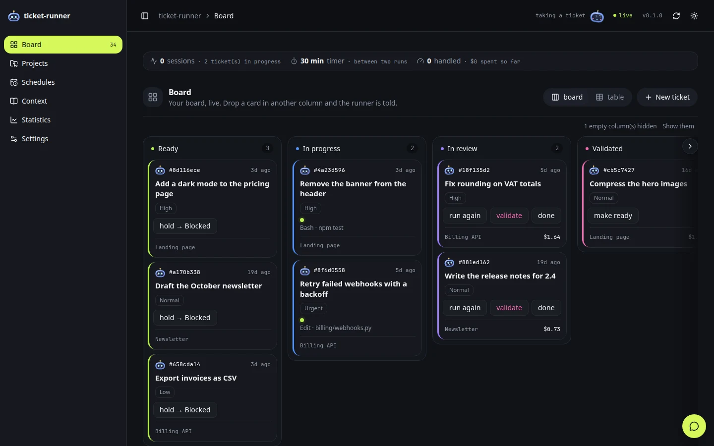 The console's board in dark: columns Ready, In progress, In review and Validated, a card per ticket, and Ponos in the top bar saying what he is doing.