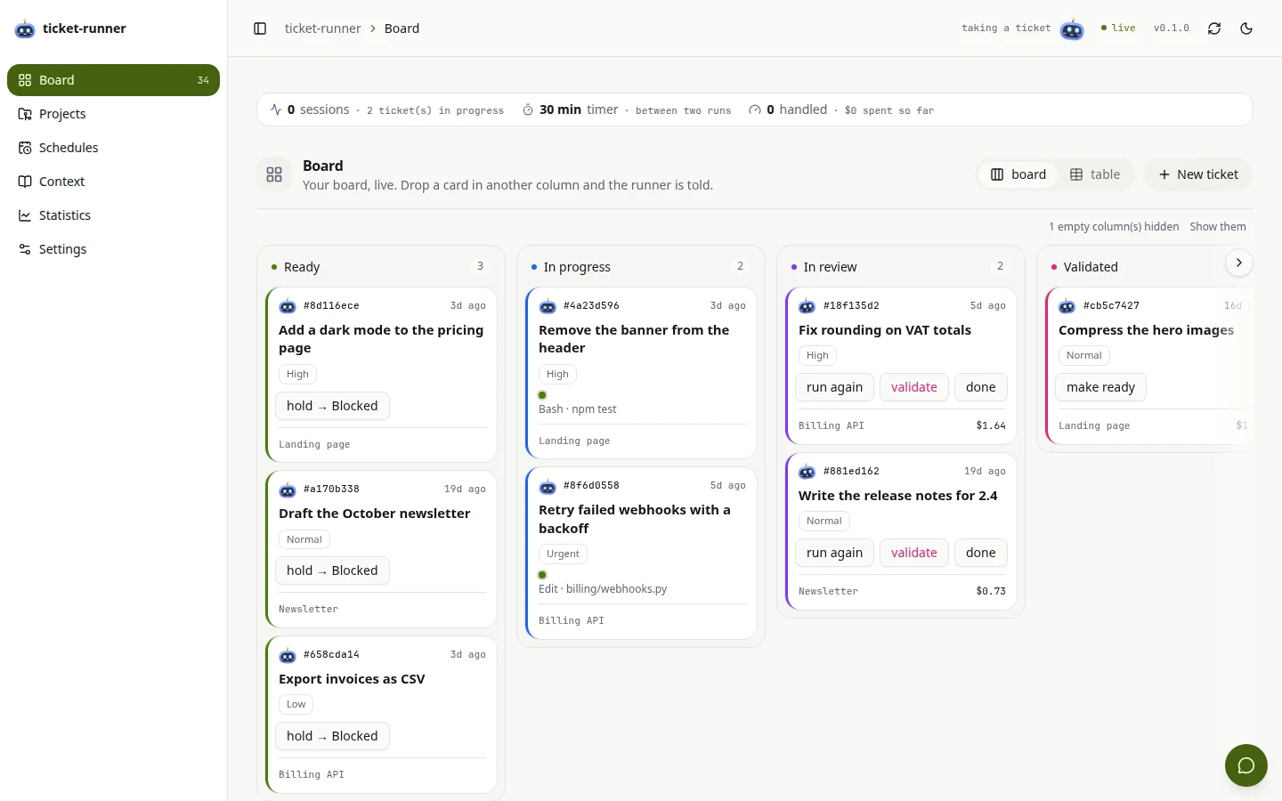The console's board in light: columns Ready, In progress, In review and Validated, a card per ticket, and Ponos in the top bar saying what he is doing.